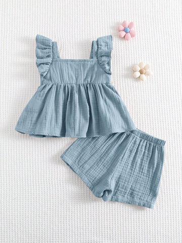 Baby Girl 3D Flower Collar Ruffle Sleeveless Vest And Elastic Waist Shorts