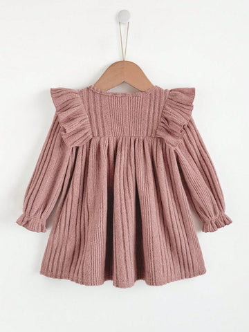 Baby Girl Solid Color Knitted Soft Round Neck Ruffle Hem Cinched Waist Long Sleeve Dress