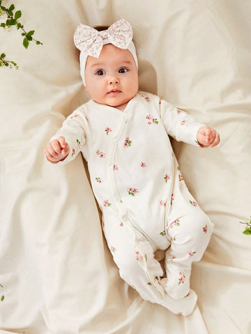 Baby Girl Casual Soft Floral Pattern Long Sleeve Footed Jumpsuit