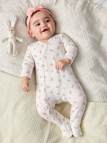 Baby Girl Casual Soft Floral Pattern Long Sleeve Footed Jumpsuit