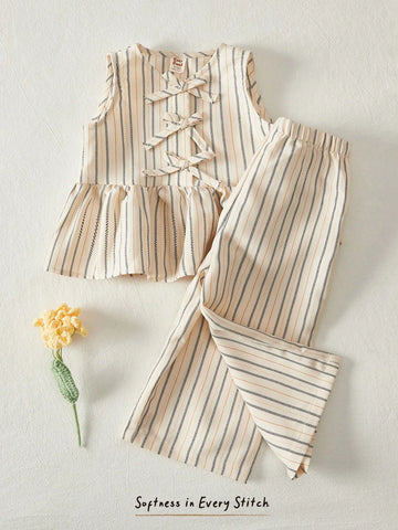 Cozy Pixies Baby Girl Colorful Striped Crew Neck Sleeveless Cardigan Top And Elastic Waist Shorts