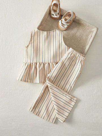 Cozy Pixies Baby Girl Colorful Striped Crew Neck Sleeveless Cardigan Top And Elastic Waist Shorts