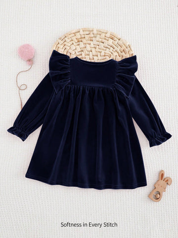 Baby Girl Solid Color Knitted Soft Round Neck Ruffle Hem Cinched Waist Long Sleeve Dress