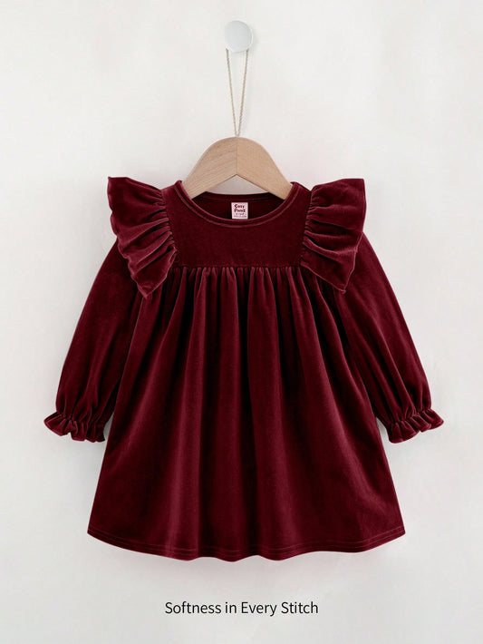 Baby Girl Solid Color Knitted Soft Round Neck Ruffle Hem Cinched Waist Long Sleeve Dress