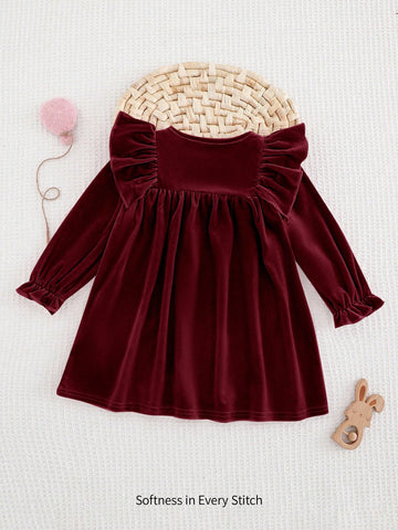 Baby Girl Solid Color Knitted Soft Round Neck Ruffle Hem Cinched Waist Long Sleeve Dress