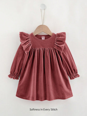 Baby Girl Solid Color Knitted Soft Round Neck Ruffle Hem Cinched Waist Long Sleeve Dress