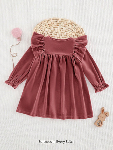 Baby Girl Solid Color Knitted Soft Round Neck Ruffle Hem Cinched Waist Long Sleeve Dress