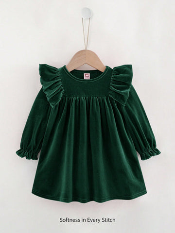 Baby Girl Solid Color Knitted Soft Round Neck Ruffle Hem Cinched Waist Long Sleeve Dress