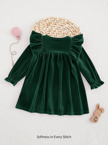 Baby Girl Solid Color Knitted Soft Round Neck Ruffle Hem Cinched Waist Long Sleeve Dress