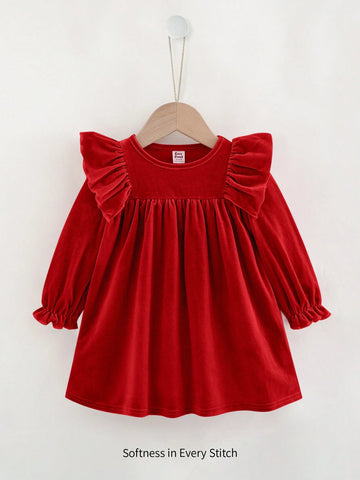 Baby Girl Solid Color Knitted Soft Round Neck Ruffle Hem Cinched Waist Long Sleeve Dress
