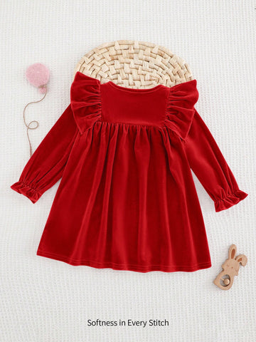 Baby Girl Solid Color Knitted Soft Round Neck Ruffle Hem Cinched Waist Long Sleeve Dress