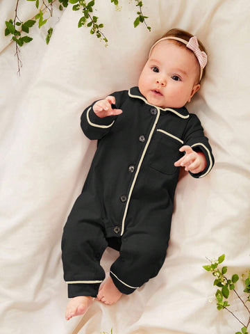 Cozy Pixies Newborn Baby Girl Contrast Binding Button Front Pajama Jumpsuit
