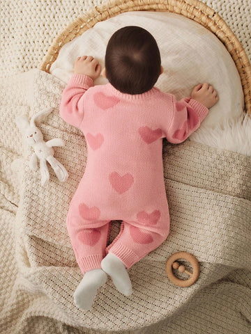 Baby Girl Colorblock Heart Pattern Knit Soft V-Neck Sweater & Long Pants