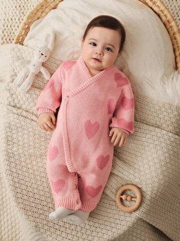 Baby Girl Colorblock Heart Pattern Knit Soft V-Neck Sweater & Long Pants