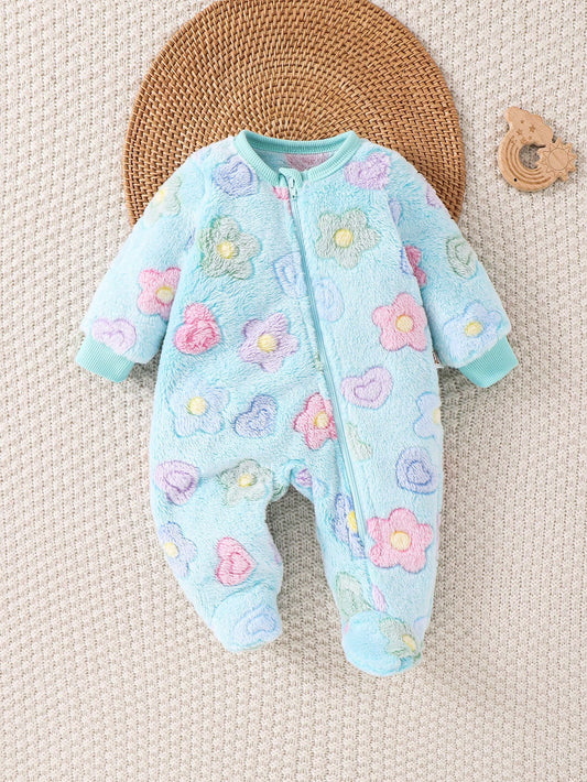 Baby Girl Colorful Floral Pattern Crew Neck Long Sleeve Romper With Thick Pants