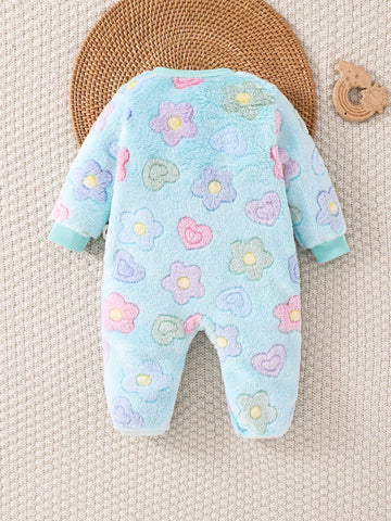 Baby Girl Colorful Floral Pattern Crew Neck Long Sleeve Romper With Thick Pants
