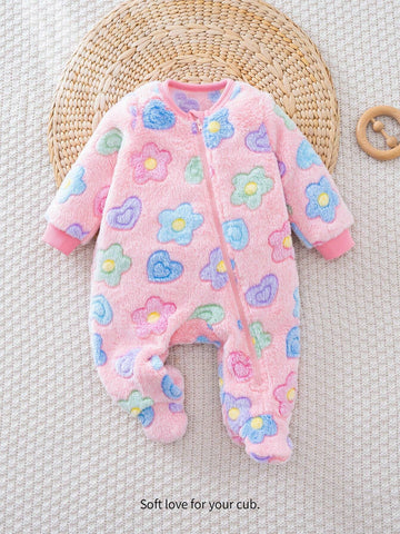 Baby Girl Colorful Floral Pattern Crew Neck Long Sleeve Romper With Thick Pants