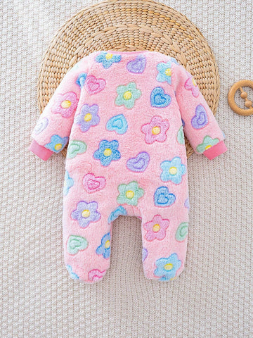 Baby Girl Colorful Floral Pattern Crew Neck Long Sleeve Romper With Thick Pants