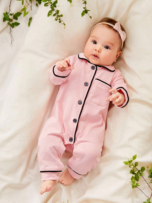 Cozy Pixies Newborn Baby Girl Contrast Binding Button Front Pajama Jumpsuit