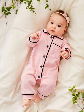 Cozy Pixies Newborn Baby Girl Contrast Binding Button Front Pajama Jumpsuit