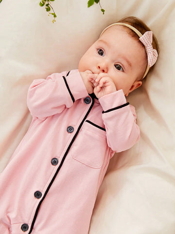 Cozy Pixies Newborn Baby Girl Contrast Binding Button Front Pajama Jumpsuit