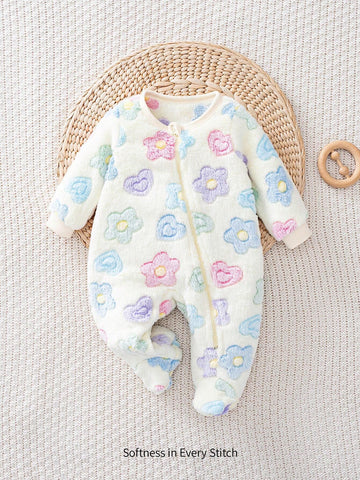 Baby Girl Colorful Floral Pattern Crew Neck Long Sleeve Romper With Thick Pants