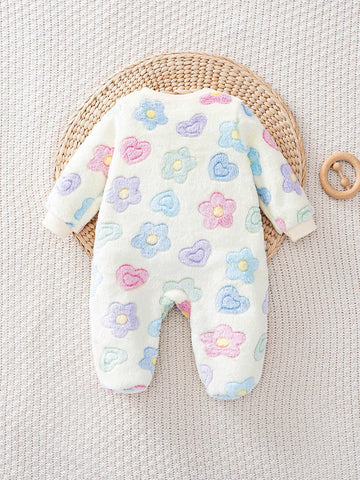 Baby Girl Colorful Floral Pattern Crew Neck Long Sleeve Romper With Thick Pants