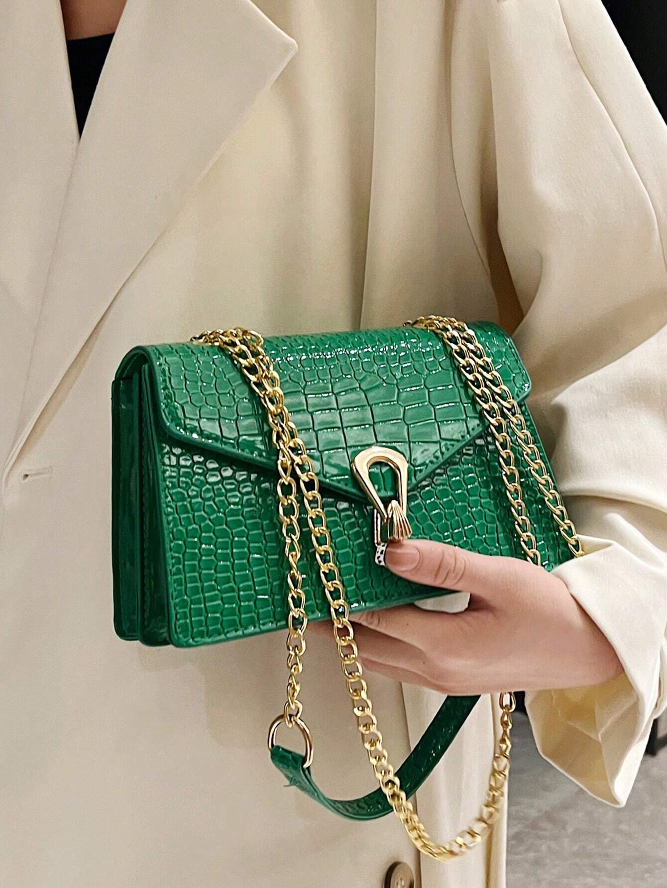 Crocodile Embossed Flap Square Bag