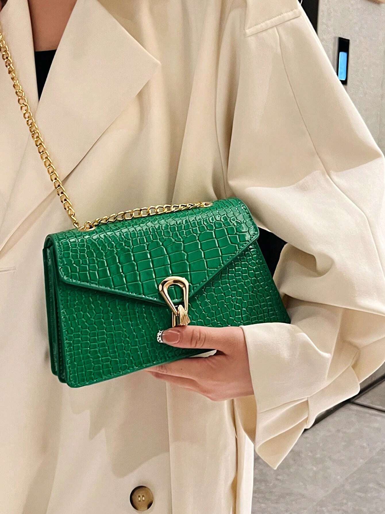 Crocodile Embossed Flap Square Bag