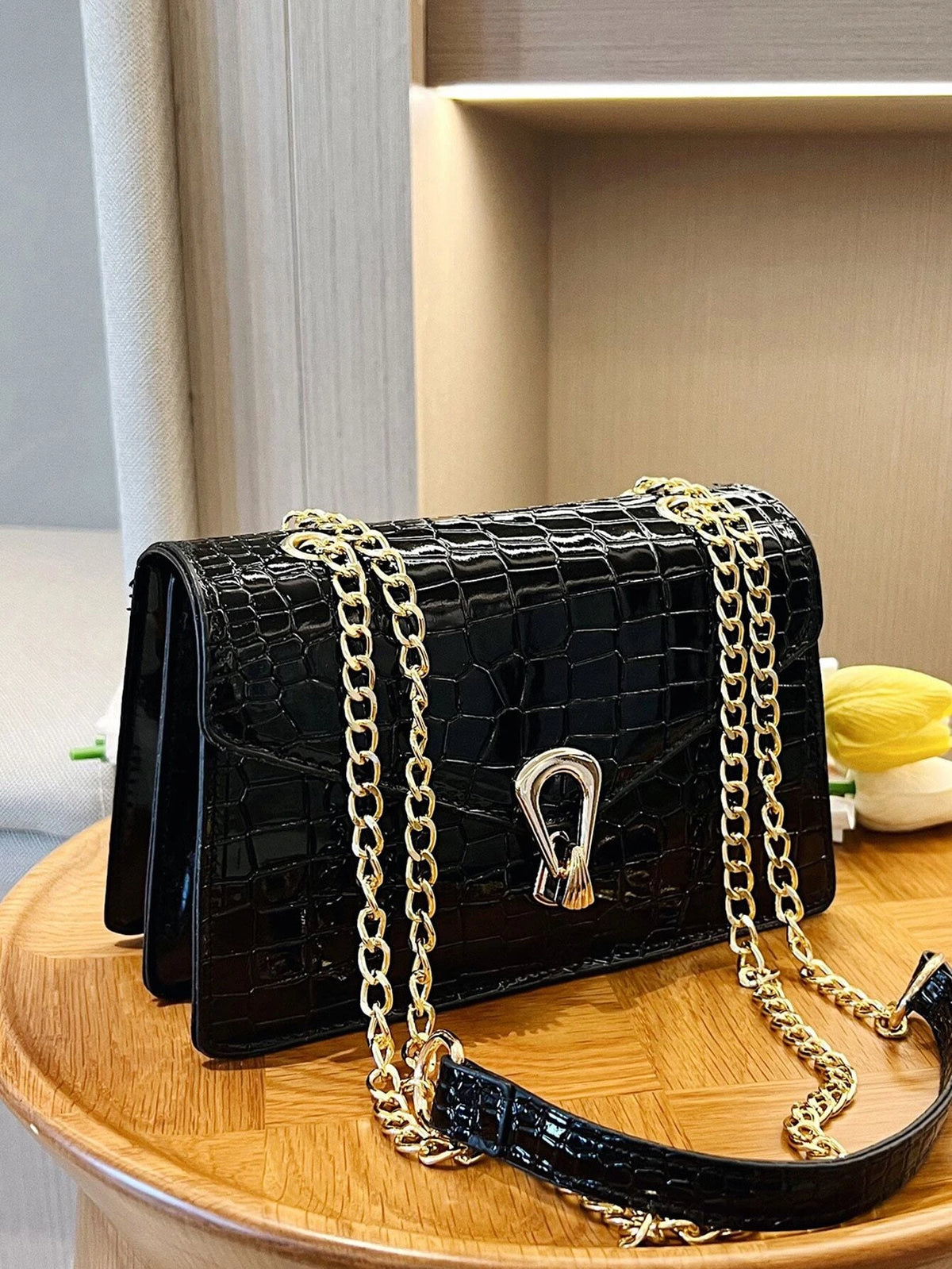 Crocodile Embossed Flap Square Bag