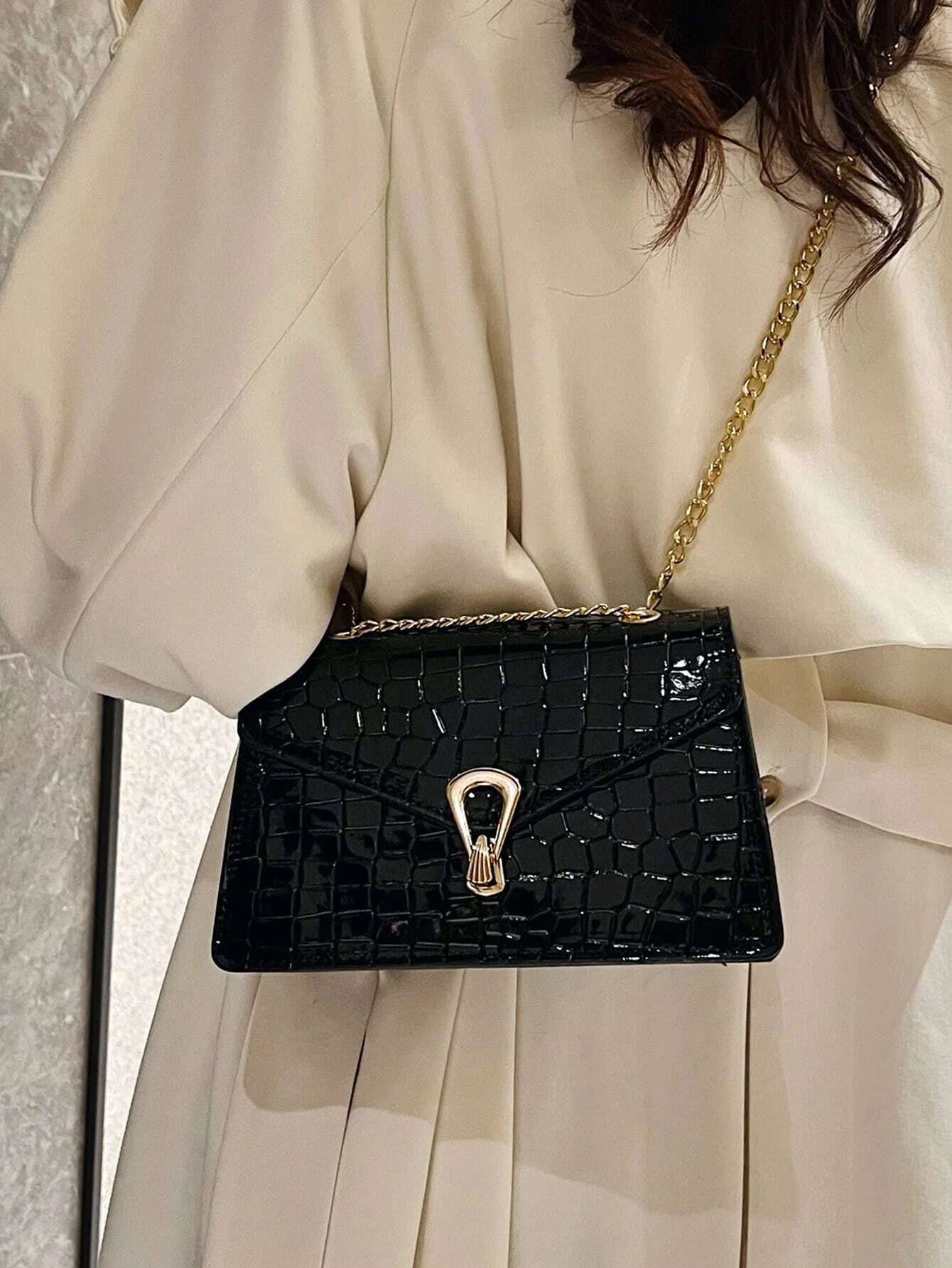 Crocodile Embossed Flap Square Bag