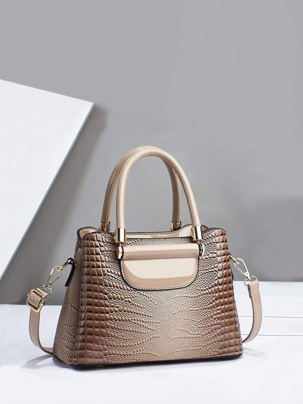 Crocodile Embossed Square Bag Double Handle Multi-compartment With Zipper PU Fashionable For Daily Life