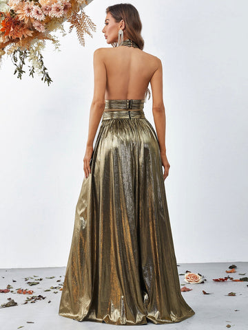 Cross Wrap Front Backless Metallic Halter Wide Leg Jumpsuit