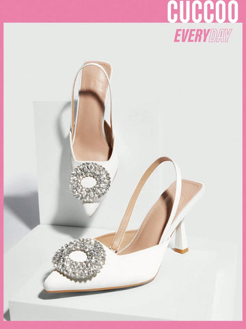 Cuccoo Everyday Collection Woman Shoes Valentine Day Rhinestone Decor Stiletto Heeled Glamorous White Polyester Pumps