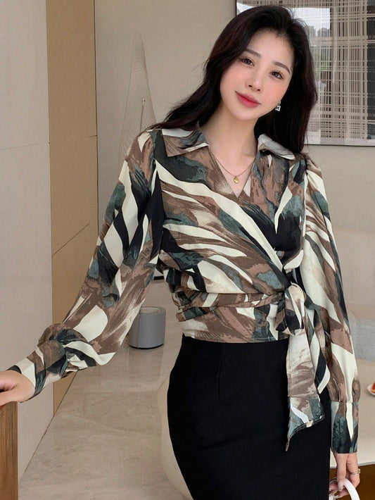 DAZY Allover Print Knot Side Wrap Blouse