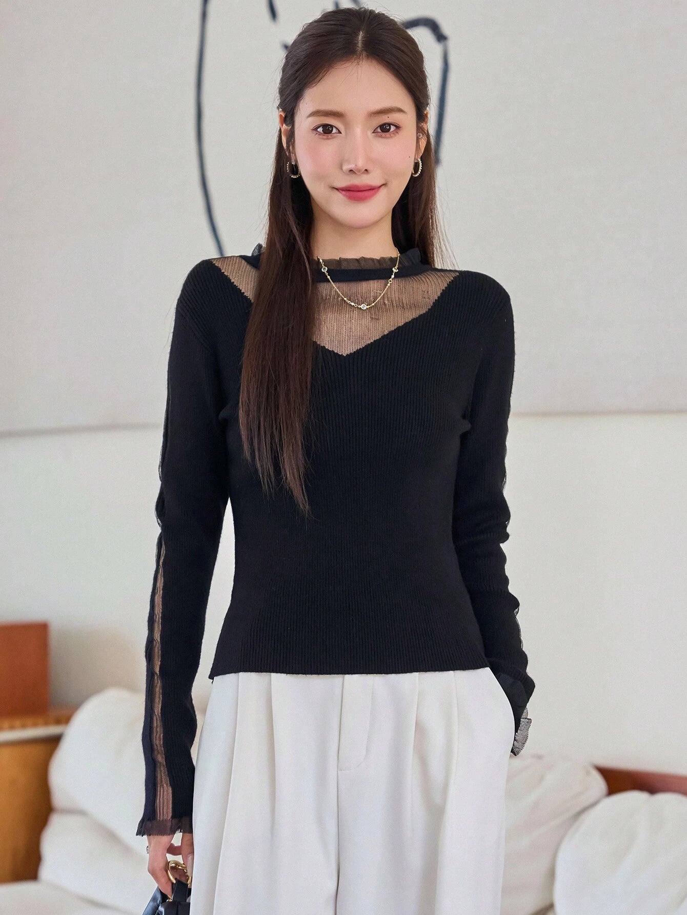 DAZY Contrast Mesh Ribbed Knit Sweater