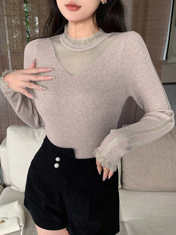 DAZY Contrast Mesh Ribbed Knit Sweater