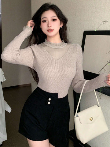 DAZY Contrast Mesh Ribbed Knit Sweater