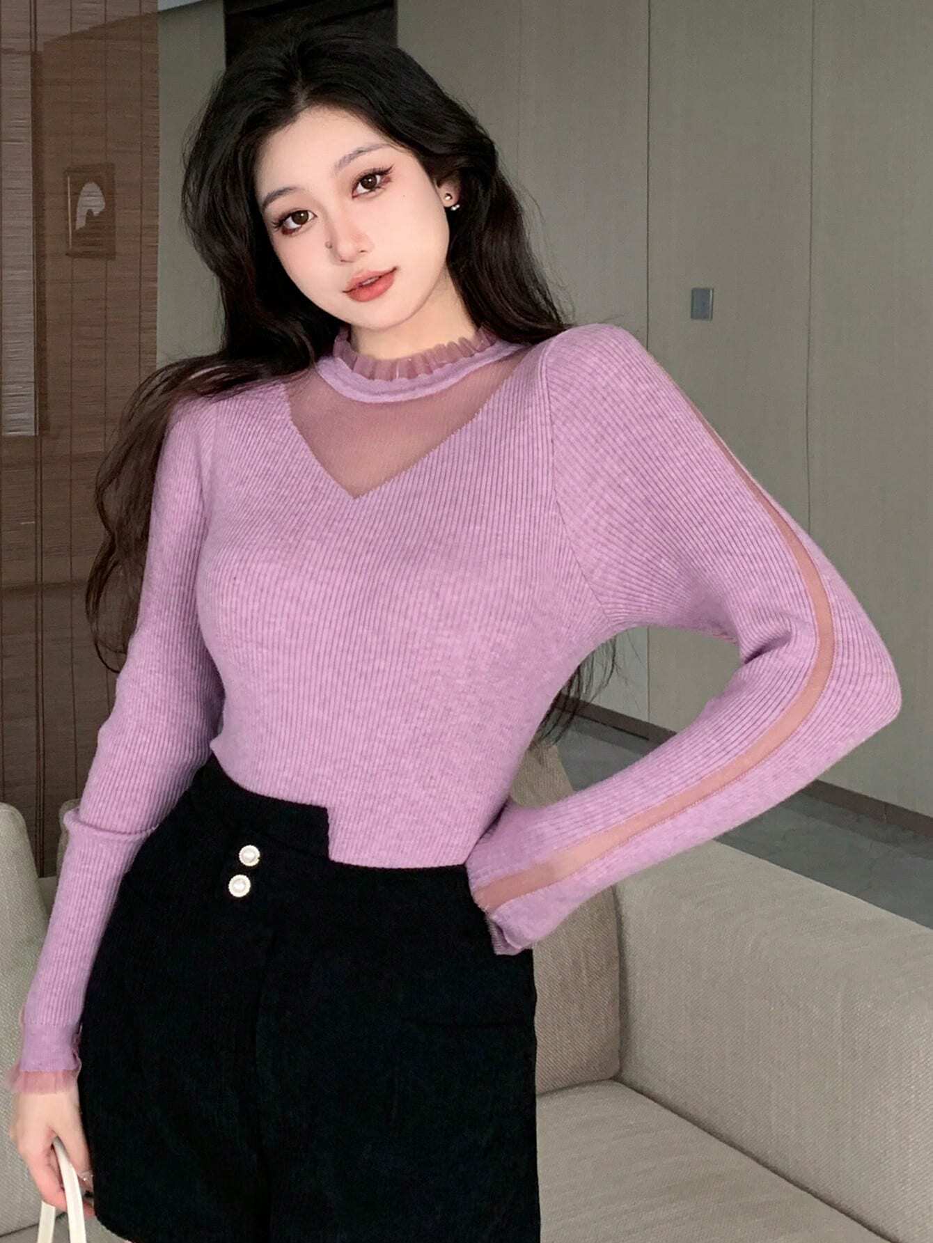 DAZY Contrast Mesh Ribbed Knit Sweater