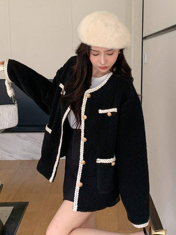 DAZY Contrast Trim Drop Shoulder Teddy Jacket