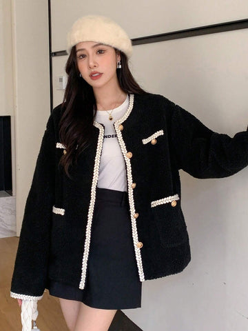 DAZY Contrast Trim Drop Shoulder Teddy Jacket