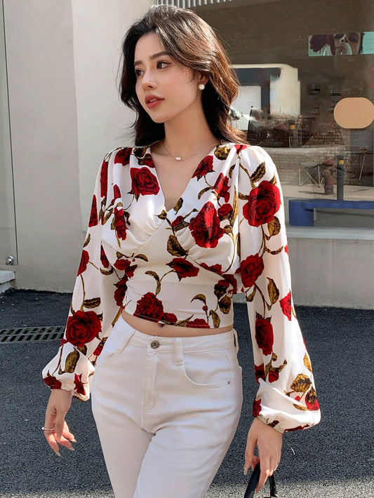 DAZY Floral Print Lantern Sleeve Crop Blouse