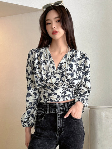 DAZY Floral Print Lantern Sleeve Crop Blouse