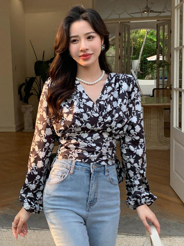 DAZY Floral Print Lantern Sleeve Crop Blouse