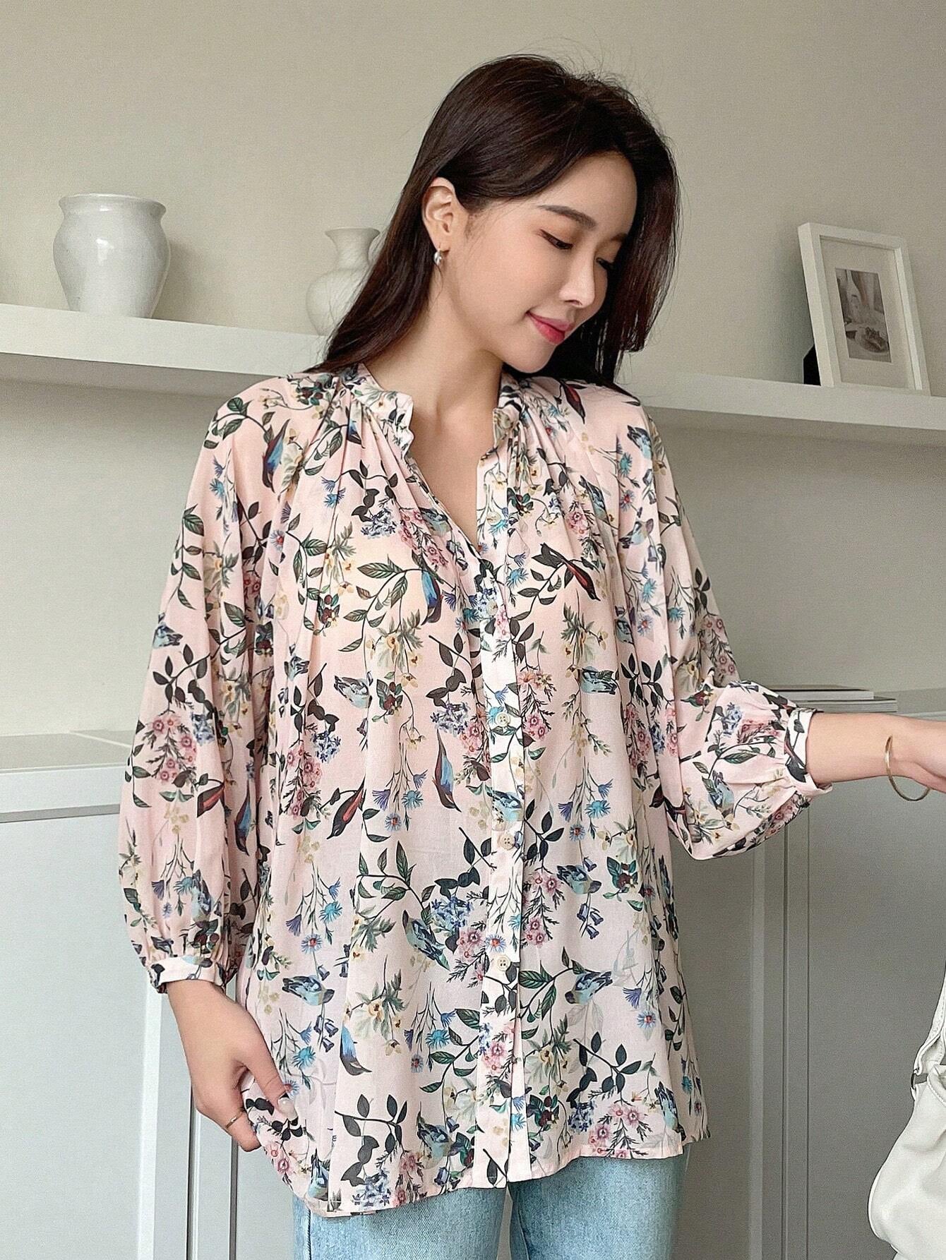 DAZY Kpop Floral Print Lantern Sleeve Blouse