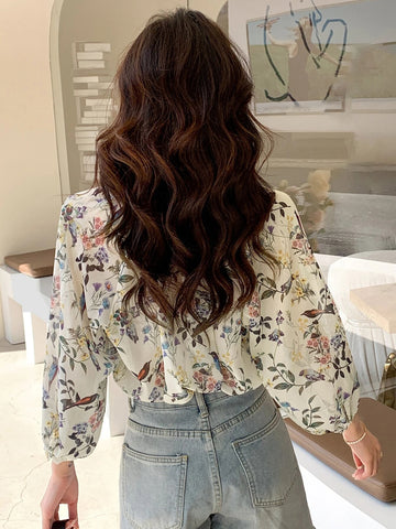 DAZY Kpop Floral Print Lantern Sleeve Blouse