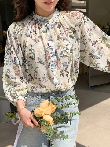 DAZY Kpop Floral Print Lantern Sleeve Blouse