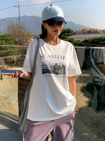 DAZY Landscape & Slogan Graphic Drop Shoulder Tee