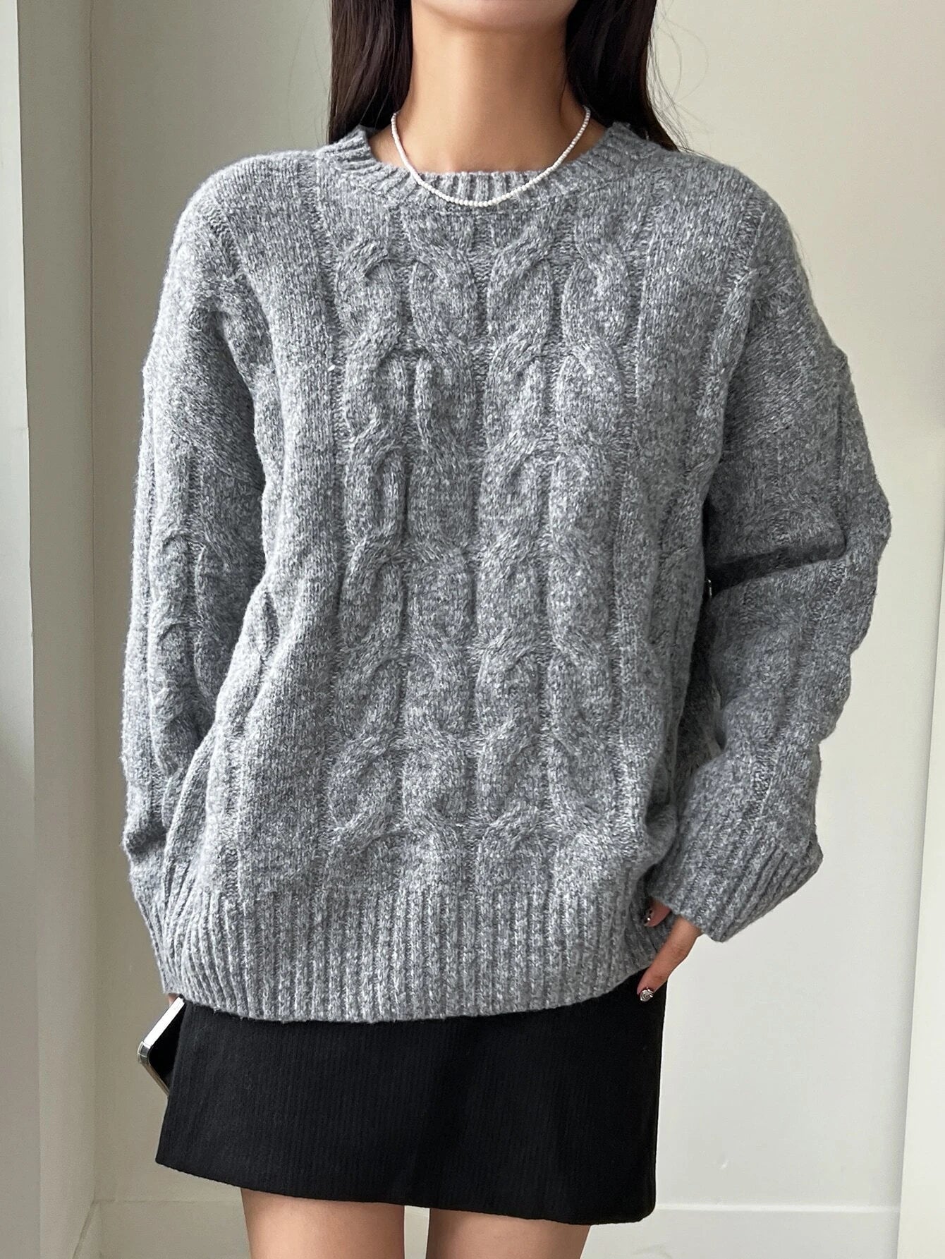 DAZY Solid Cable Knit Drop Shoulder Sweater