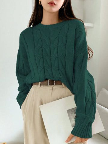 DAZY Solid Cable Knit Drop Shoulder Sweater